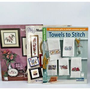 Lot of 3 Cross Stitch Pattern Books Spring Birds Floral Towels Music Music READ